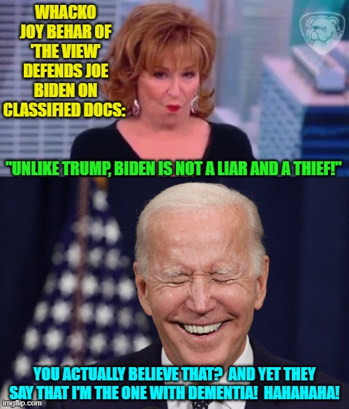 Who knows?  Maybe she's trying to get back into comedy. | WHACKO JOY BEHAR OF 'THE VIEW' DEFENDS JOE BIDEN ON CLASSIFIED DOCS:; "UNLIKE TRUMP, BIDEN IS NOT A LIAR AND A THIEF!"; YOU ACTUALLY BELIEVE THAT?  AND YET THEY SAY THAT I'M THE ONE WITH DEMENTIA!  HAHAHAHA! | image tagged in whacko | made w/ Imgflip meme maker