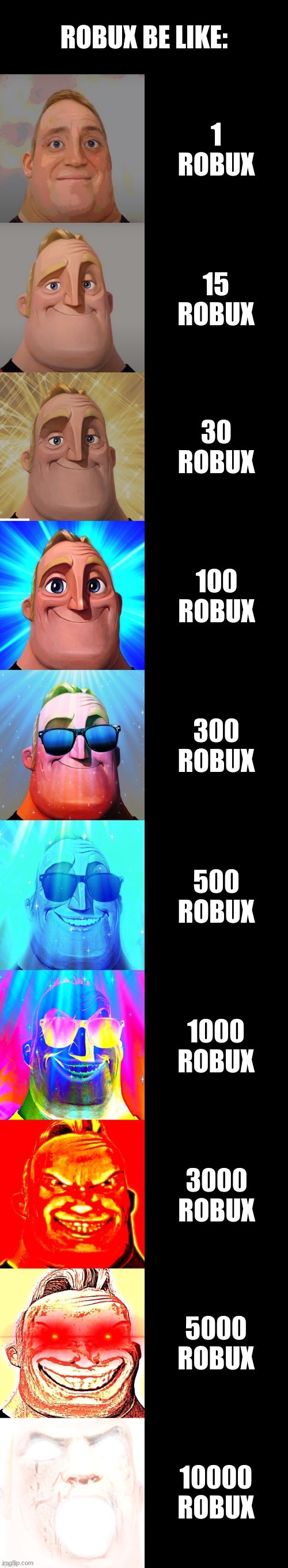 robux be like: | ROBUX BE LIKE:; 1 ROBUX; 15 ROBUX; 30 ROBUX; 100 ROBUX; 300 ROBUX; 500 ROBUX; 1000 ROBUX; 3000 ROBUX; 5000 ROBUX; 10000 ROBUX | image tagged in mr incredible becoming canny | made w/ Imgflip meme maker