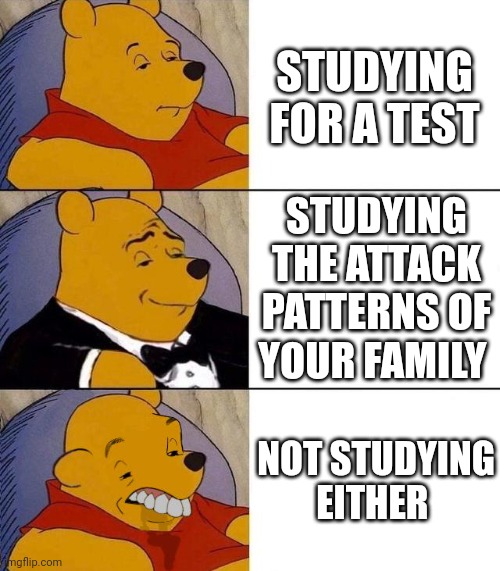 Studying | STUDYING FOR A TEST; STUDYING THE ATTACK PATTERNS OF YOUR FAMILY; NOT STUDYING EITHER | image tagged in best better blurst | made w/ Imgflip meme maker
