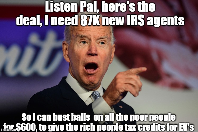 "I know they call me Middle Class Joe" (maybe middle ass) | Listen Pal, here's the deal, I need 87K new IRS agents; So I can bust balls  on all the poor people for $600, to give the rich people tax credits for EV's | image tagged in party of the working man,as long as you work for goldman sachs | made w/ Imgflip meme maker