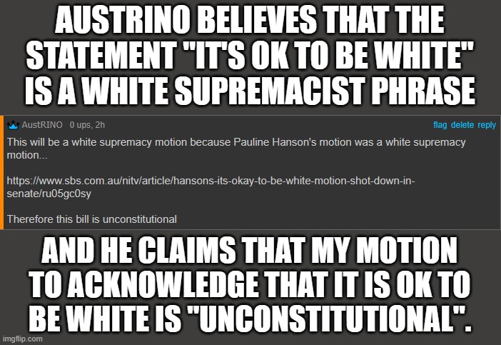 Apparently being pro-White is unconstitutional. Bet he wouldn't say the same about being pro-anyone else. AustRINO is anti-White | AUSTRINO BELIEVES THAT THE
STATEMENT "IT'S OK TO BE WHITE"
IS A WHITE SUPREMACIST PHRASE; AND HE CLAIMS THAT MY MOTION
TO ACKNOWLEDGE THAT IT IS OK TO
BE WHITE IS "UNCONSTITUTIONAL". | image tagged in the anti white agenda,of the liberal elite,has been exposed,vote bmp if you agree,its ok to be white | made w/ Imgflip meme maker