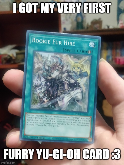 Art by KONAMI | I GOT MY VERY FIRST; FURRY YU-GI-OH CARD :3 | image tagged in furry,anime,yugioh,card games | made w/ Imgflip meme maker