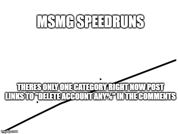 msmg speedruns | MSMG SPEEDRUNS; THERES ONLY ONE CATEGORY RIGHT NOW POST LINKS TO "DELETE ACCOUNT ANY%" IN THE COMMENTS | made w/ Imgflip meme maker