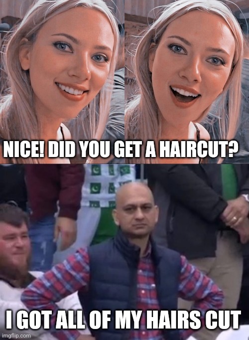 Haircut | NICE! DID YOU GET A HAIRCUT? I GOT ALL OF MY HAIRS CUT | image tagged in surprised scarlett johansson,bald indian guy,haircut,hair | made w/ Imgflip meme maker