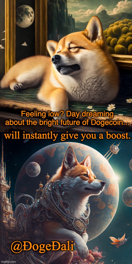 bright future | Feeling low? Day dreaming about the bright future of Dogecoin... will instantly give you a boost. @ƉogeƉali | image tagged in doge,dogecoin | made w/ Imgflip meme maker