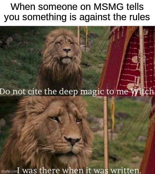 When someone on MSMG tells you something is against the rules | image tagged in narnia do not cite the deep magic to me witch | made w/ Imgflip meme maker