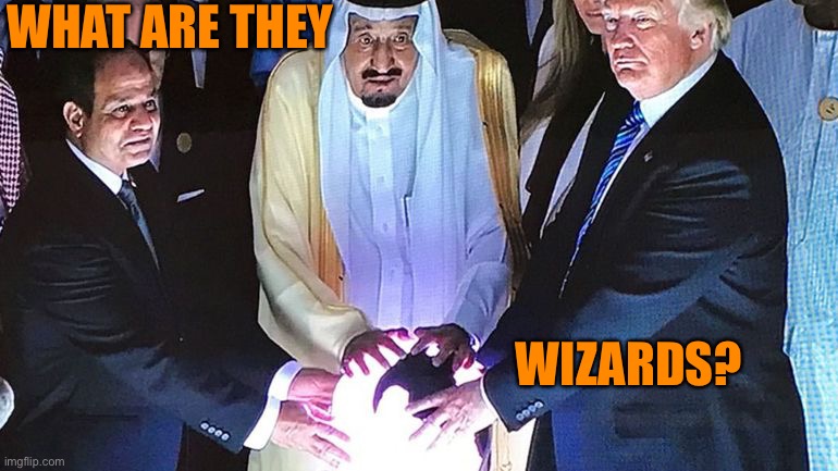 Trump Saudi Orb | WHAT ARE THEY; WIZARDS? | image tagged in trump saudi orb | made w/ Imgflip meme maker