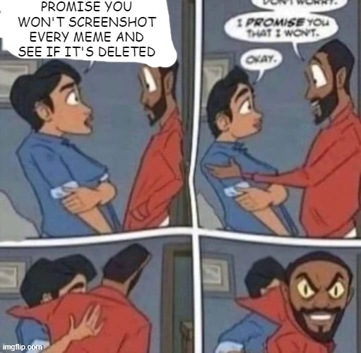 promise me you wont blank | PROMISE YOU WON'T SCREENSHOT EVERY MEME AND SEE IF IT'S DELETED | image tagged in promise me you wont blank | made w/ Imgflip meme maker