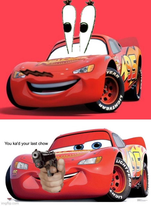 Mr. Lightning Krabs McQueen | image tagged in you ka'd your last chow,mr krabs,lightning mcqueen,cursed image,memes,car | made w/ Imgflip meme maker