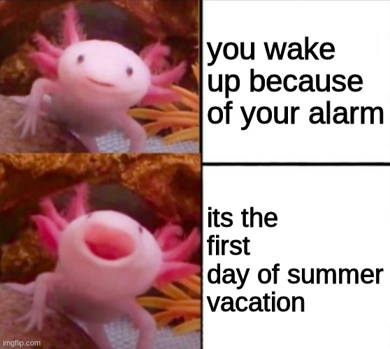 the best time ever be like | you wake up because of your alarm; its the first day of summer vacation | image tagged in axolotl drake,summer vacation | made w/ Imgflip meme maker