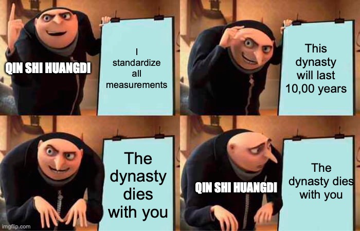 That dream fell.. | I standardize all measurements; This dynasty will last 10,00 years; QIN SHI HUANGDI; The dynasty dies with you; The dynasty dies with you; QIN SHI HUANGDI | image tagged in memes,gru's plan | made w/ Imgflip meme maker
