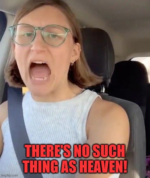 Unhinged Liberal Lunatic Idiot Woman Meltdown Screaming in Car | THERE'S NO SUCH THING AS HEAVEN! | image tagged in unhinged liberal lunatic idiot woman meltdown screaming in car | made w/ Imgflip meme maker