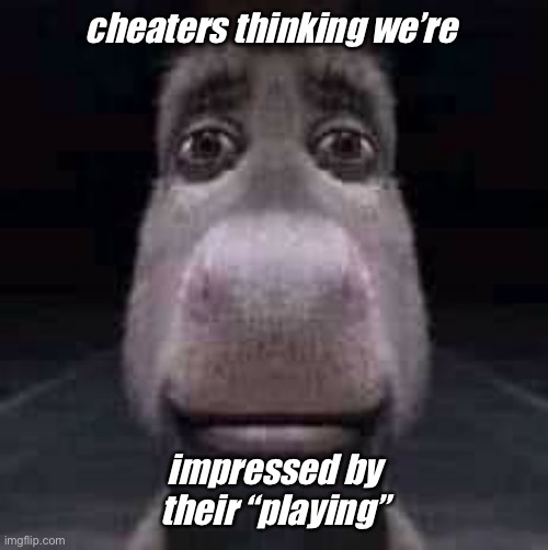Donkey staring | cheaters thinking we’re; impressed by their “playing” | image tagged in donkey staring | made w/ Imgflip meme maker