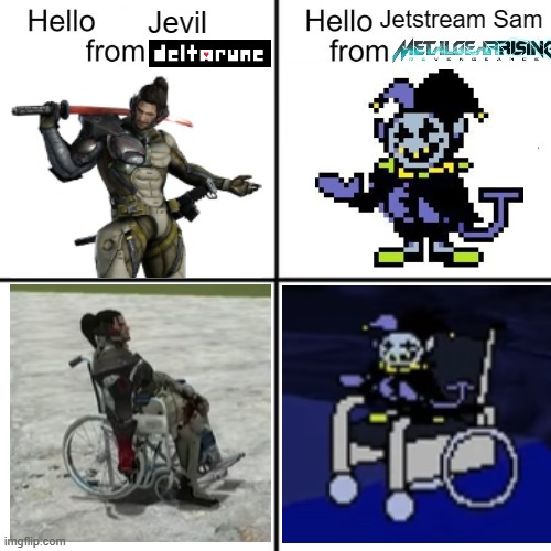 Wheelchair | Jevil; Jetstream Sam | image tagged in hello person from,mgr,metal gear,deltarune,undertale | made w/ Imgflip meme maker
