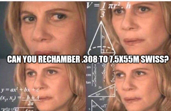 Math lady/Confused lady | CAN YOU RECHAMBER .308 TO 7.5X55M SWISS? | image tagged in math lady/confused lady | made w/ Imgflip meme maker