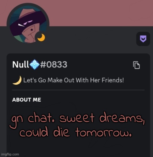 gn chat. sweet dreams,
could die tomorrow. | made w/ Imgflip meme maker