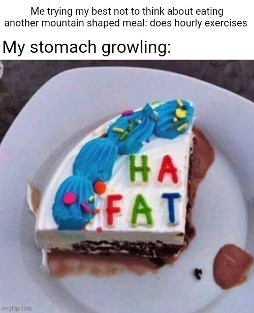 *does no more mountain shaped meals* | Me trying my best not to think about eating another mountain shaped meal: does hourly exercises; My stomach growling: | image tagged in ha fat,blank white template,funny,memes,stomach,fitness is my passion | made w/ Imgflip meme maker