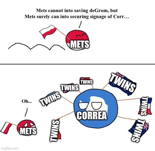 At least Machado and Ohtani? | Mets cannot into saving deGrom, but Mets surely can into securing signage of Corr…; METS; TWINS; TWINS; TWINS; TWINS; TWINS; CORREA; TWINS; TWINS; METS | image tagged in polandball,countryballs,sports,mlb baseball,mlb,mets | made w/ Imgflip meme maker
