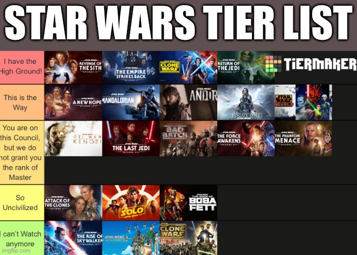 Tales of the Jedi goes at the end of the middle category (mod note: how dare you pl ut the clone wars show there,  and the attac | STAR WARS TIER LIST | made w/ Imgflip meme maker