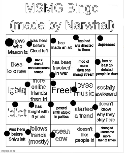 I got like 7 bingos wtf, Also rip. nar :( | image tagged in msmg bingo | made w/ Imgflip meme maker