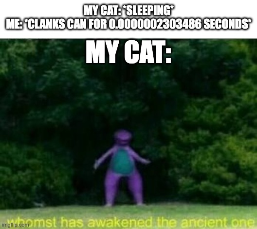 HUNGERYYYYY | MY CAT: *SLEEPING*
ME: *CLANKS CAN FOR 0.0000002303486 SECONDS*; MY CAT: | image tagged in whomst has awakened the ancient one,cats,cat,hungry cat,cat food | made w/ Imgflip meme maker