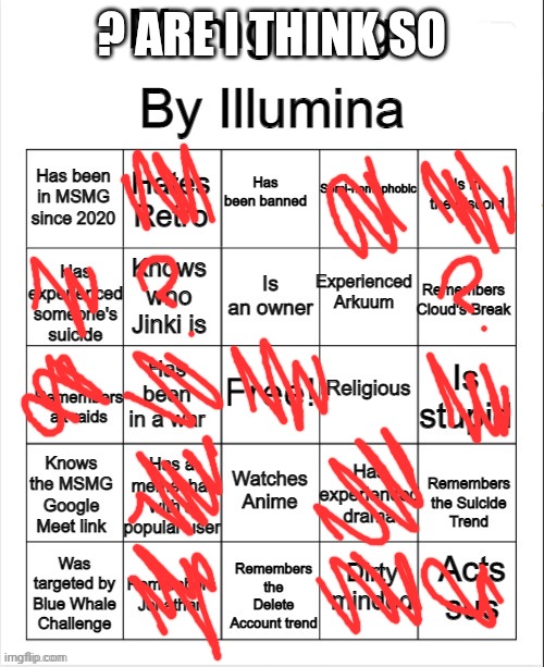 MSMG bingo | ? ARE I THINK SO | image tagged in msmg bingo | made w/ Imgflip meme maker