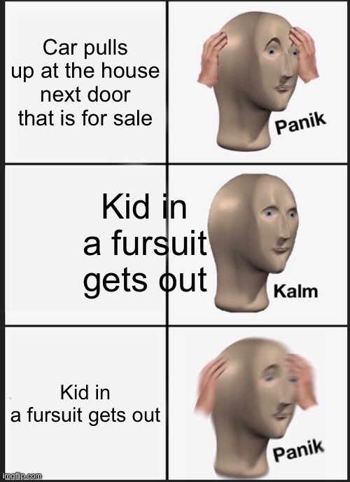 Oh no not a furry!!!!!!! | Car pulls up at the house next door that is for sale; Kid in a fursuit gets out; Kid in a fursuit gets out | image tagged in memes,panik kalm panik | made w/ Imgflip meme maker