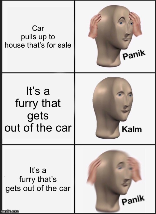 I’m in fear for my dog | Car pulls up to house that’s for sale; It’s a furry that gets out of the car; It’s a furry that’s gets out of the car | image tagged in memes,panik kalm panik | made w/ Imgflip meme maker