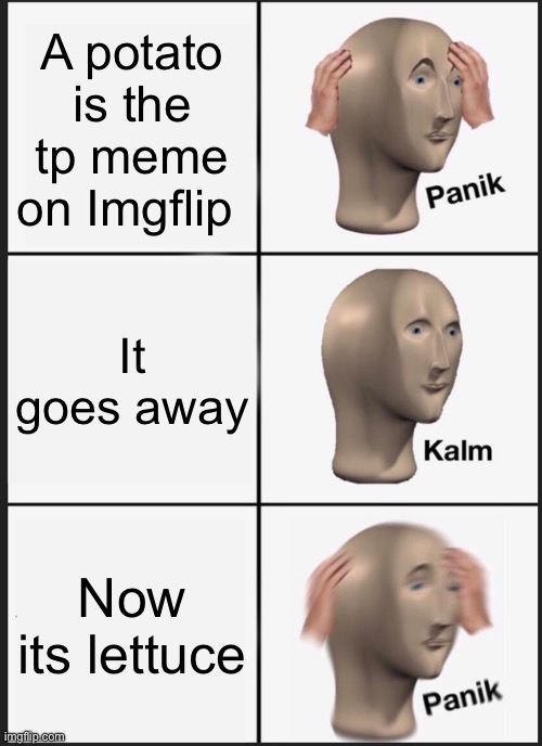 Panik Kalm Panik Meme | A potato is the tp meme on Imgflip; It goes away; Now its lettuce | image tagged in memes,panik kalm panik | made w/ Imgflip meme maker