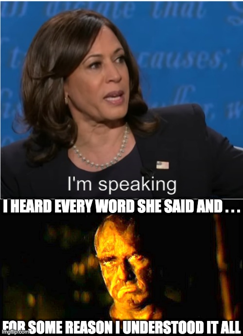 When Kamala speaks there aren't many that understand | I HEARD EVERY WORD SHE SAID AND . . . FOR SOME REASON I UNDERSTOOD IT ALL | image tagged in kamala harris i'm speaking | made w/ Imgflip meme maker