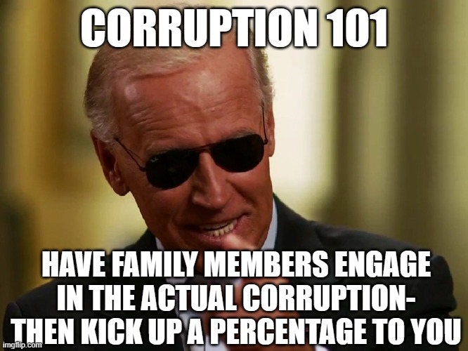 Cool Joe Biden | CORRUPTION 101; HAVE FAMILY MEMBERS ENGAGE IN THE ACTUAL CORRUPTION- THEN KICK UP A PERCENTAGE TO YOU | image tagged in cool joe biden | made w/ Imgflip meme maker