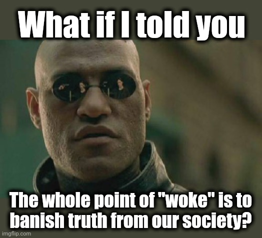 Wouldn't the end of truth be our ultimate destruction? | What if I told you The whole point of "woke" is to
banish truth from our society? | image tagged in memes,matrix morpheus,woke,truth,society | made w/ Imgflip meme maker