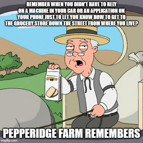 Pepperidge Farm Remembers | REMEMBER WHEN YOU DIDN'T HAVE TO RELY ON A MACHINE IN YOUR CAR OR AN APPLICATION ON YOUR PHONE JUST TO LET YOU KNOW HOW TO GET TO THE GROCERY STORE DOWN THE STREET FROM WHERE YOU LIVE? PEPPERIDGE FARM REMEMBERS | image tagged in memes,pepperidge farm remembers | made w/ Imgflip meme maker