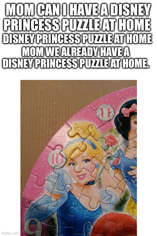 MOM CAN I HAVE A DISNEY PRINCESS PUZZLE AT HOME; DISNEY PRINCESS PUZZLE AT HOME; MOM WE ALREADY HAVE A DISNEY PRINCESS PUZZLE AT HOME. | made w/ Imgflip meme maker
