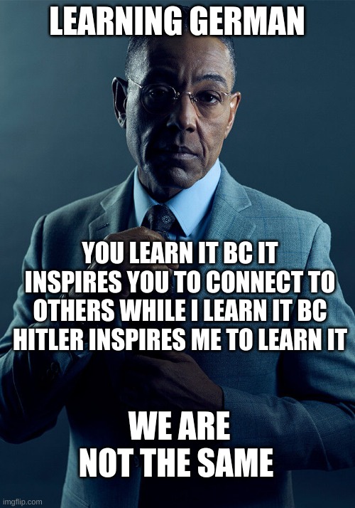 Gus Fring we are not the same | LEARNING GERMAN; YOU LEARN IT BC IT INSPIRES YOU TO CONNECT TO OTHERS WHILE I LEARN IT BC HITLER INSPIRES ME TO LEARN IT; WE ARE NOT THE SAME | image tagged in gus fring we are not the same | made w/ Imgflip meme maker