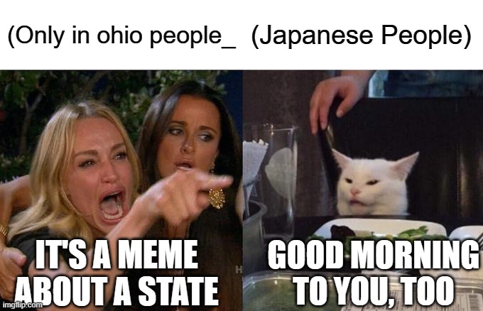Learn a bit of Japanese to get this one | (Only in ohio people_; (Japanese People); IT'S A MEME ABOUT A STATE; GOOD MORNING TO YOU, TOO | image tagged in memes,woman yelling at cat | made w/ Imgflip meme maker