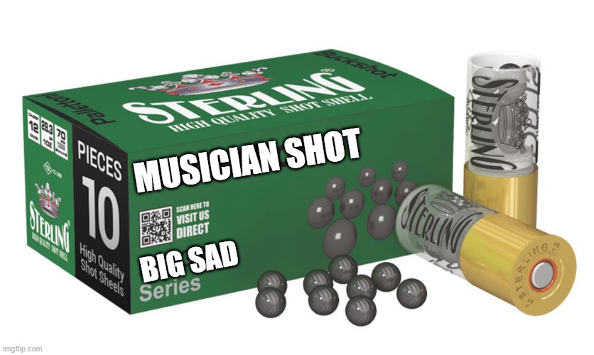 Musician Shot | MUSICIAN SHOT; BIG SAD | image tagged in guns,shotgun,loads shotgun with malicious intent,music,musician jokes | made w/ Imgflip meme maker