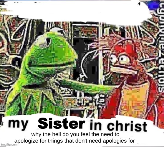 My brother in Christ | Sister why the hell do you feel the need to apologize for things that don't need apologies for | image tagged in my brother in christ | made w/ Imgflip meme maker