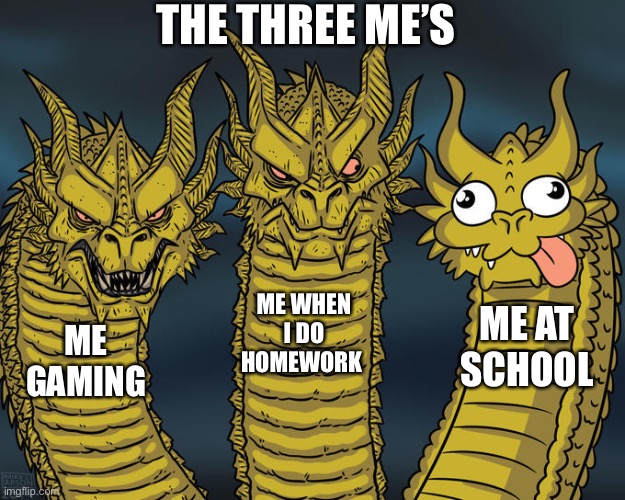 The three me’s | THE THREE ME’S; ME WHEN I DO HOMEWORK; ME AT SCHOOL; ME GAMING | image tagged in three-headed dragon | made w/ Imgflip meme maker