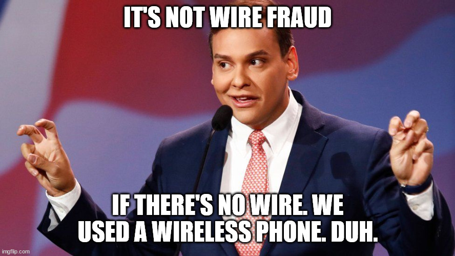 Ain't been in office a week and he's already broken the law. | IT'S NOT WIRE FRAUD; IF THERE'S NO WIRE. WE USED A WIRELESS PHONE. DUH. | image tagged in george santos | made w/ Imgflip meme maker