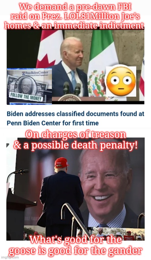FBI RAID for President LOL81Million | We demand a pre-dawn FBI raid on Prez. LOL81Million Joe's homes & an immediate indictment; On charges of treason & a possible death penalty! What's good for the goose is good for the gander | image tagged in libtard,traitors,democrats,you're fired | made w/ Imgflip meme maker