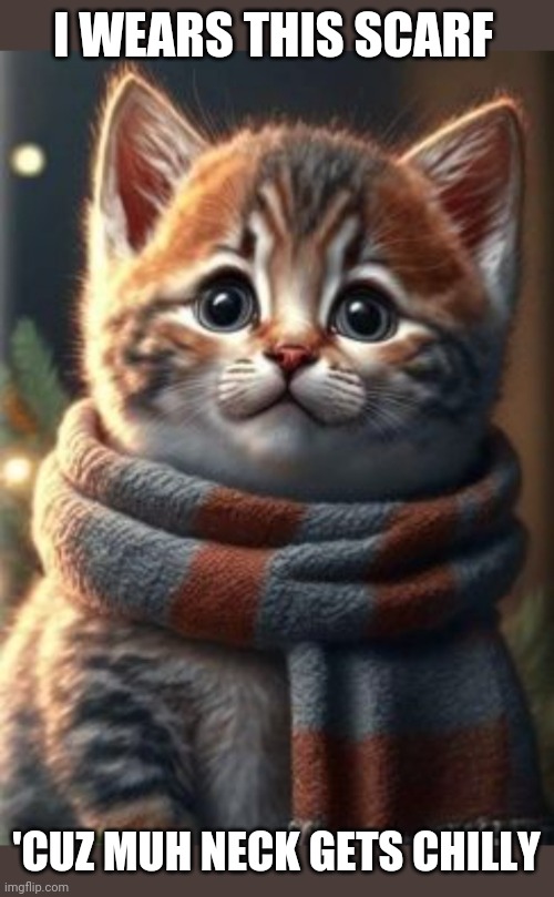I WEARS THIS SCARF; 'CUZ MUH NECK GETS CHILLY | image tagged in cute cat,rules,winter | made w/ Imgflip meme maker