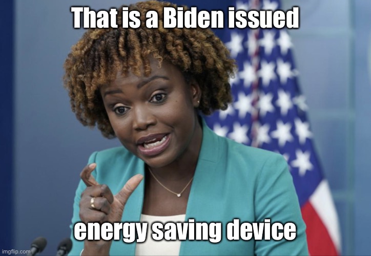 Press Secretary Karine Jean-Pierre | That is a Biden issued energy saving device | image tagged in press secretary karine jean-pierre | made w/ Imgflip meme maker