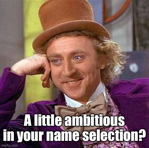 Creepy Condescending Wonka Meme | A little ambitious in your name selection? | image tagged in memes,creepy condescending wonka | made w/ Imgflip meme maker