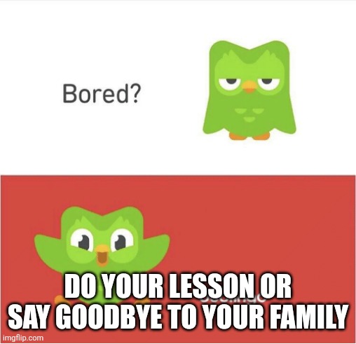 oh no | DO YOUR LESSON OR SAY GOODBYE TO YOUR FAMILY | image tagged in duolingo bored | made w/ Imgflip meme maker