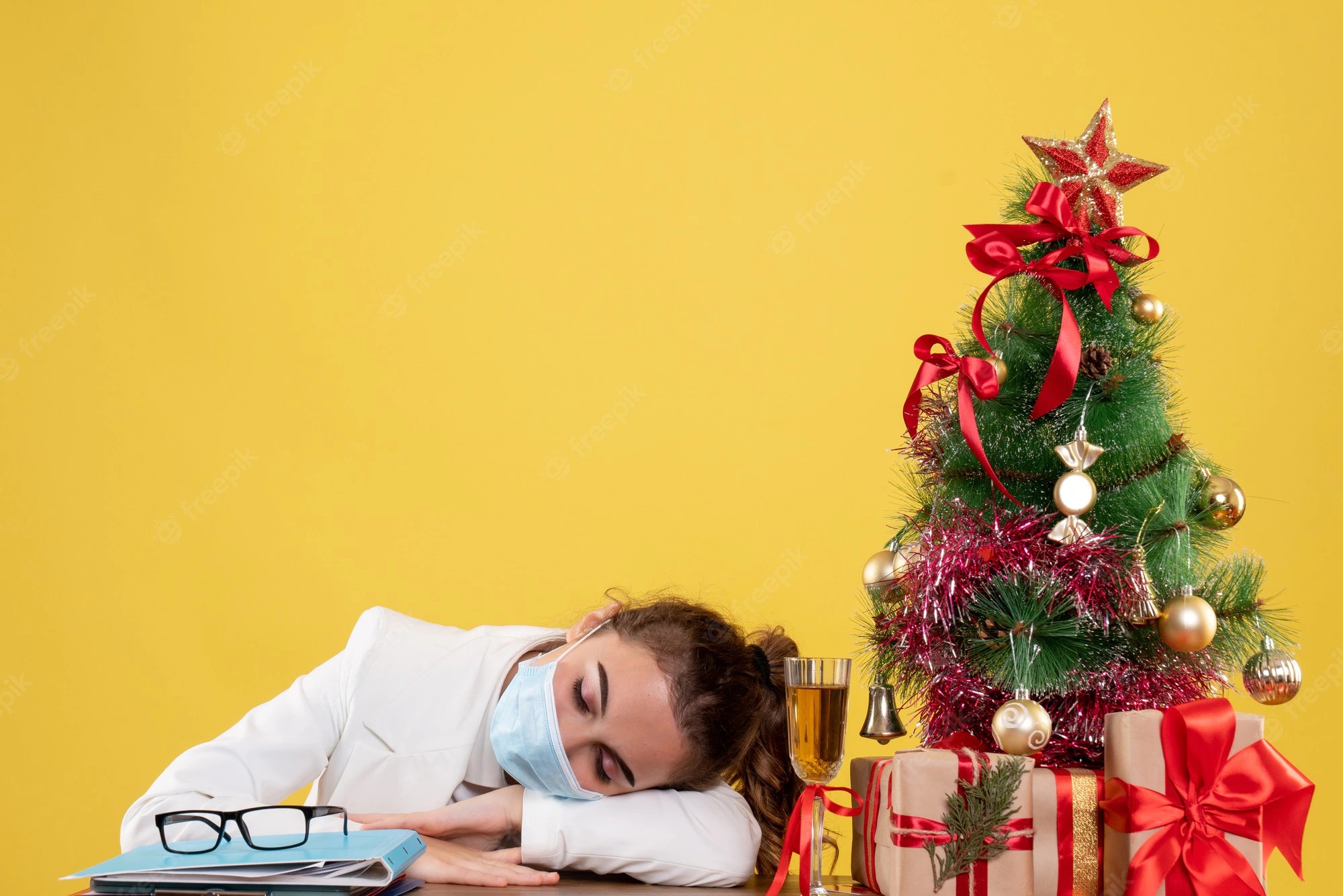 Sleeping girl with Christmas tree background Blank Meme Template