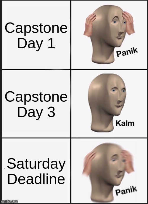 Capstone progress | Capstone Day 1; Capstone Day 3; Saturday Deadline | image tagged in memes,panik kalm panik | made w/ Imgflip meme maker