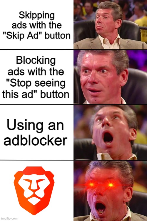 There's always a bigger fish | Skipping ads with the "Skip Ad" button; Blocking ads with the "Stop seeing this ad" button; Using an adblocker | image tagged in vince mcmahon,relatable memes,memes,youtube ads,funny | made w/ Imgflip meme maker