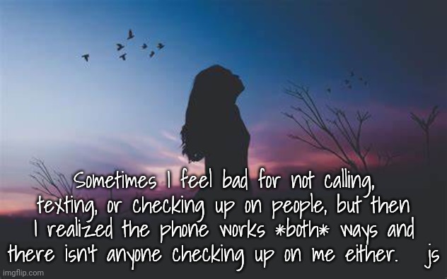 Loneliness | Sometimes I feel bad for not calling, texting, or checking up on people, but then I realized the phone works *both* ways and there isn't anyone checking up on me either.   js | image tagged in lonely,reality | made w/ Imgflip meme maker
