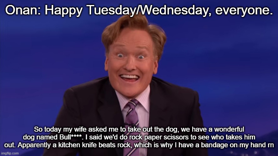 Conan O'Brien | Onan: Happy Tuesday/Wednesday, everyone. So today my wife asked me to take out the dog, we have a wonderful dog named Bull****. I said we'd do rock paper scissors to see who takes him out. Apparently a kitchen knife beats rock, which is why I have a bandage on my hand rn | image tagged in conan o'brien | made w/ Imgflip meme maker